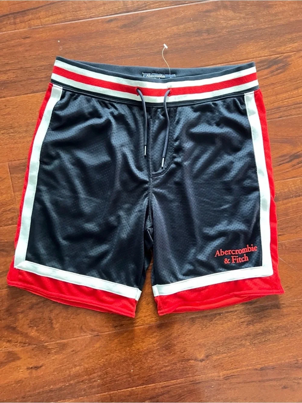 Abercrombie & Fitch Black Athletic Shorts with Red and White Trim